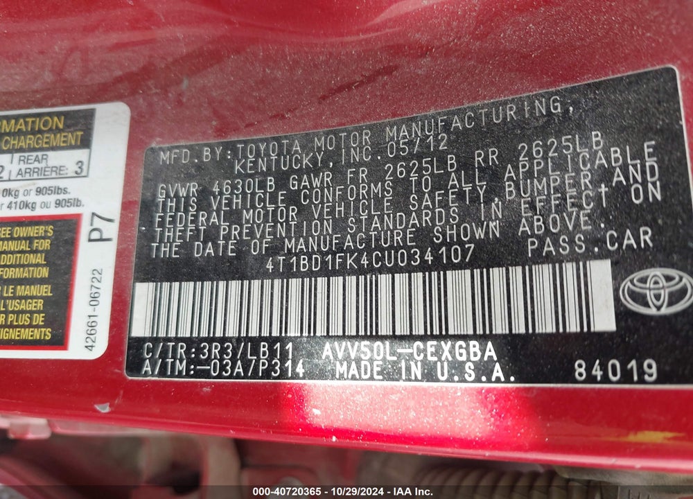 2012 TOYOTA CAMRY HYBRID XLE VIN: 4T1BD1FK4CU034107
