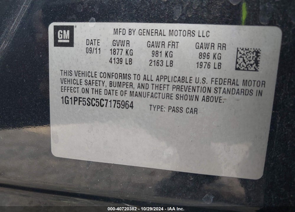 2012 CHEVROLET CRUZE 1LT VIN: 1G1PF5SC5C7175964