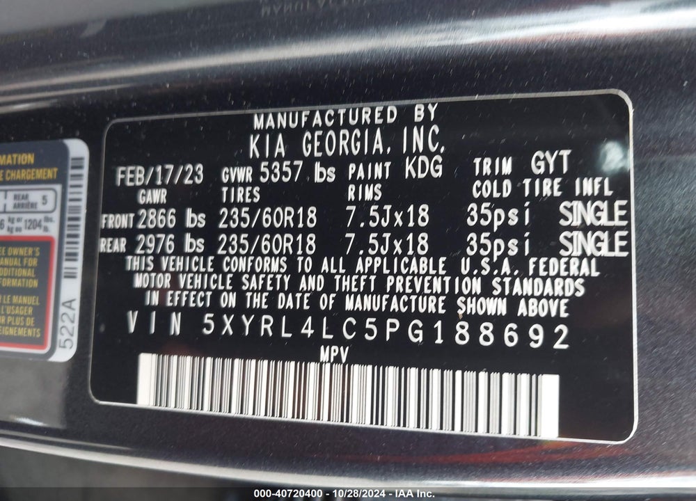 2023 KIA SORENTO S VIN: 5XYRL4LC5PG188692