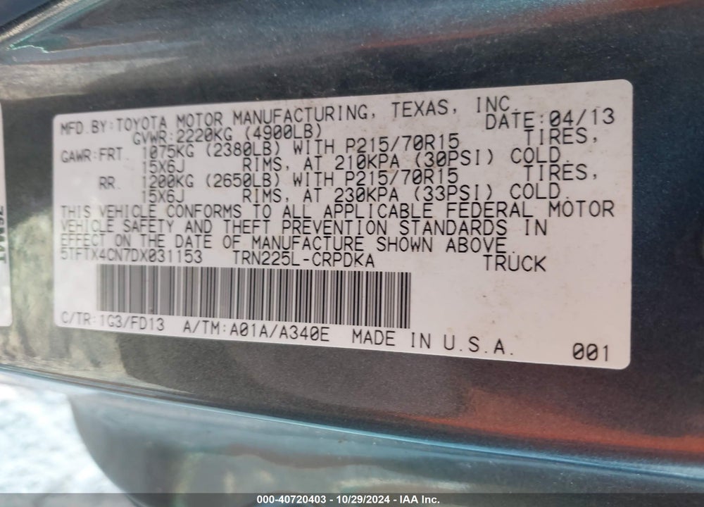 2013 TOYOTA TACOMA ACCESS CAB VIN: 5TFTX4CN7DX031153