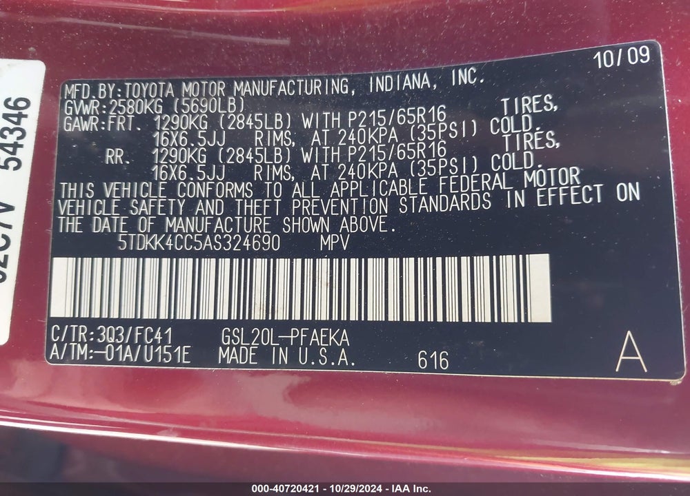 2010 TOYOTA SIENNA LE VIN: 5TDKK4CC5AS324690