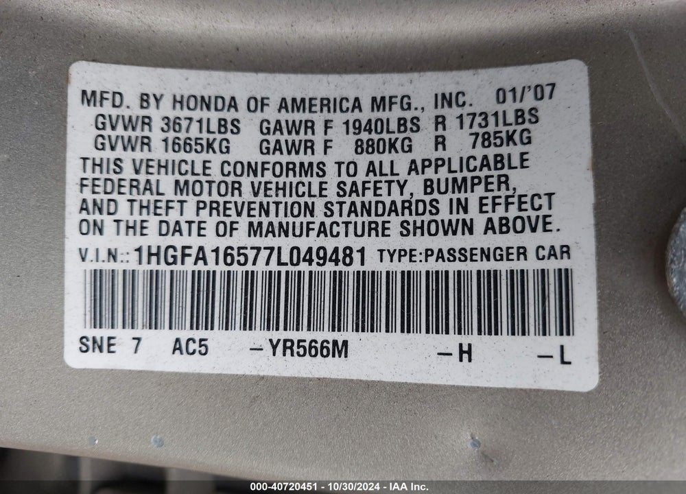 2007 HONDA CIVIC LX VIN: 1HGFA16577L049481