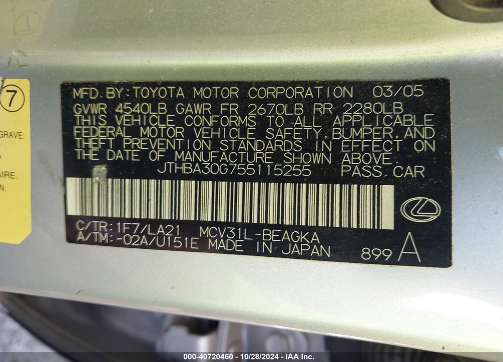 2005 LEXUS ES 330 VIN: JTHBA30G755115255