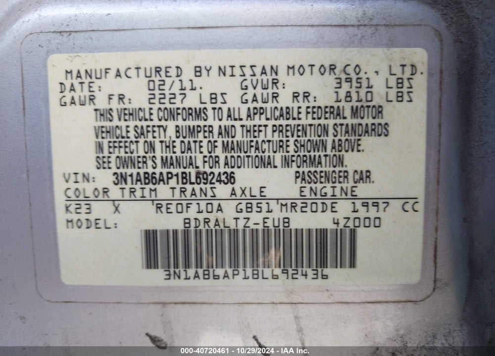 2011 NISSAN SENTRA 2.0SR VIN: 3N1AB6AP1BL692436