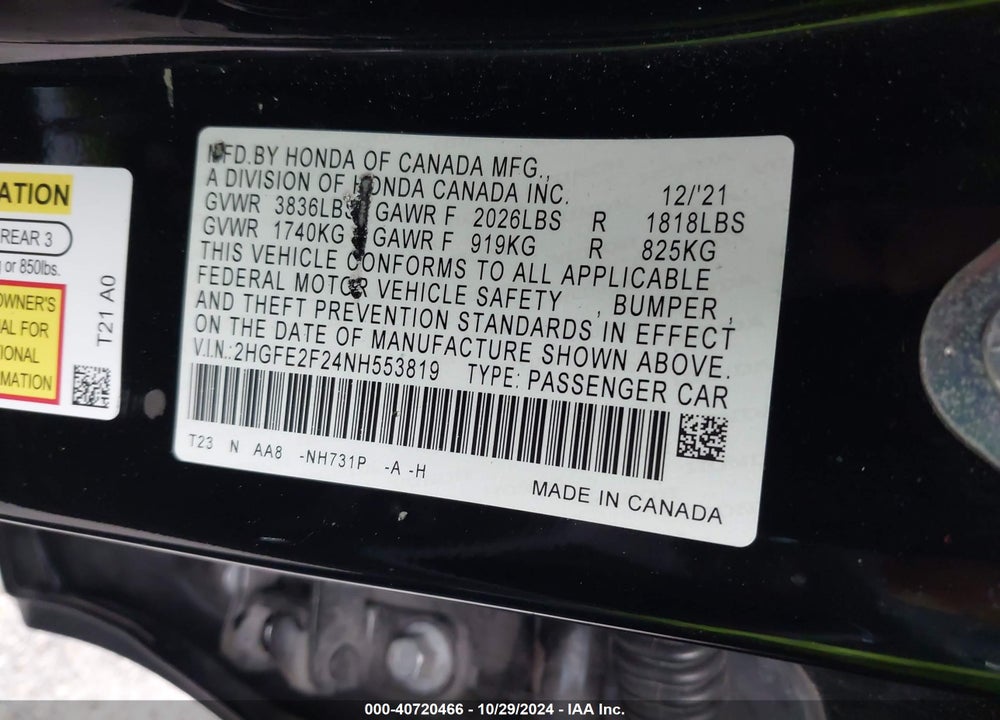 2022 HONDA CIVIC LX VIN: 2HGFE2F24NH553819