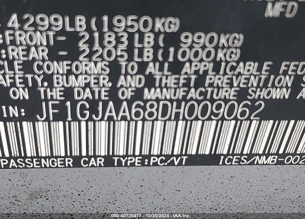 2013 SUBARU IMPREZA 2.0I VIN: JF1GJAA68DH009062