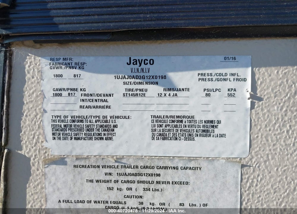 2016 JAYCO J SPORT 8S VIN: 1UJAJ0AD3G12X0198