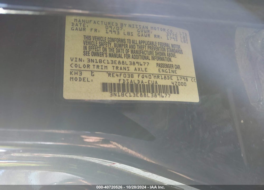 2008 NISSAN VERSA 1.8S VIN: 3N1BC13E88L389677