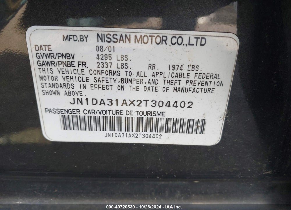 2002 NISSAN MAXIMA GLE/SE VIN: JN1DA31AX2T304402