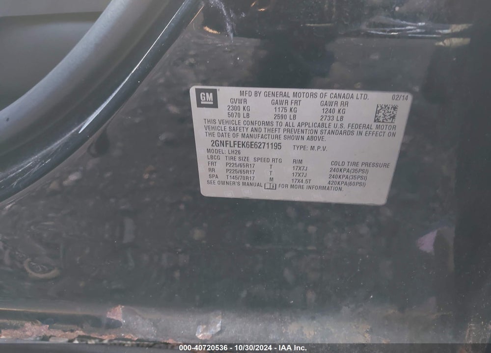2014 CHEVROLET EQUINOX 1LT VIN: 2GNFLFEK6E6271195