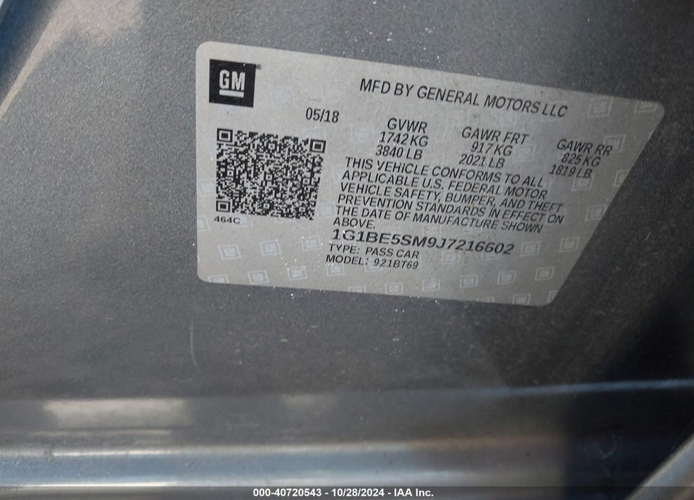 2018 CHEVROLET CRUZE LT VIN: 1G1BE5SM9J7216602