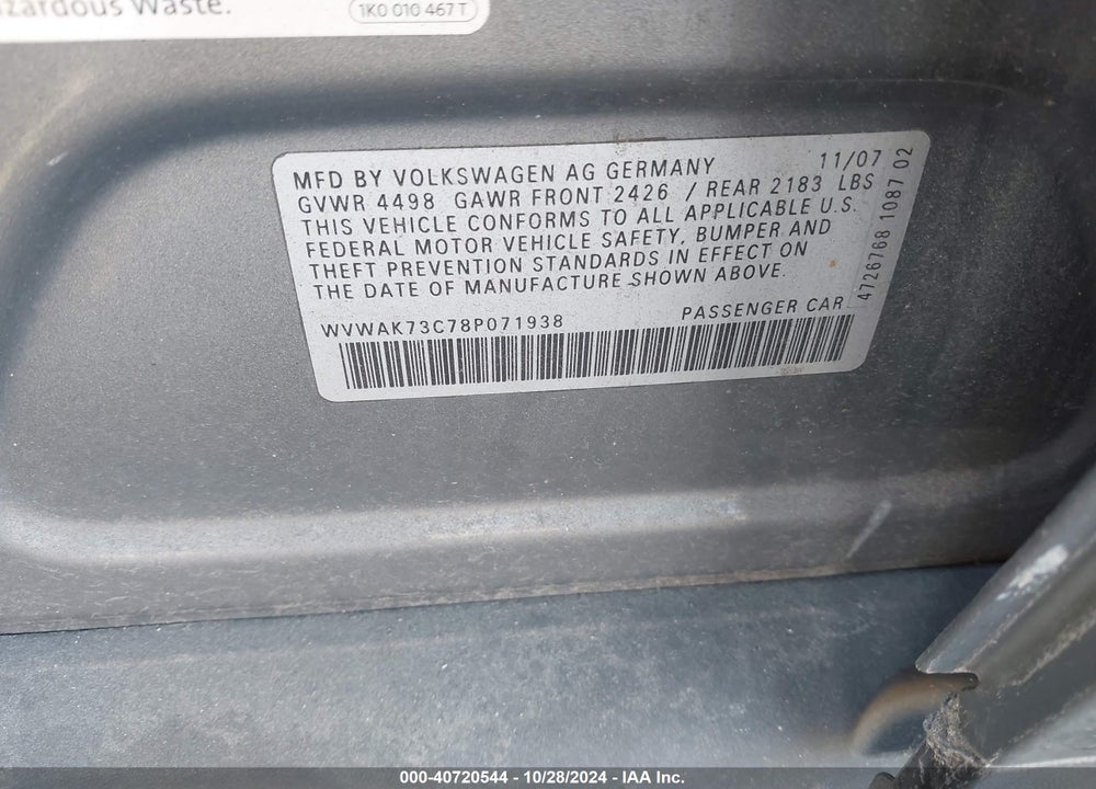 2008 VOLKSWAGEN PASSAT KOMFORT VIN: WVWAK73C78P071938