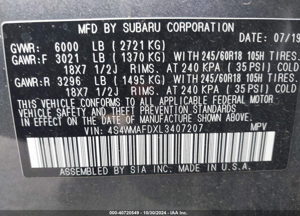 2020 SUBARU ASCENT PREMIUM VIN: 4S4WMAFDXL3407207