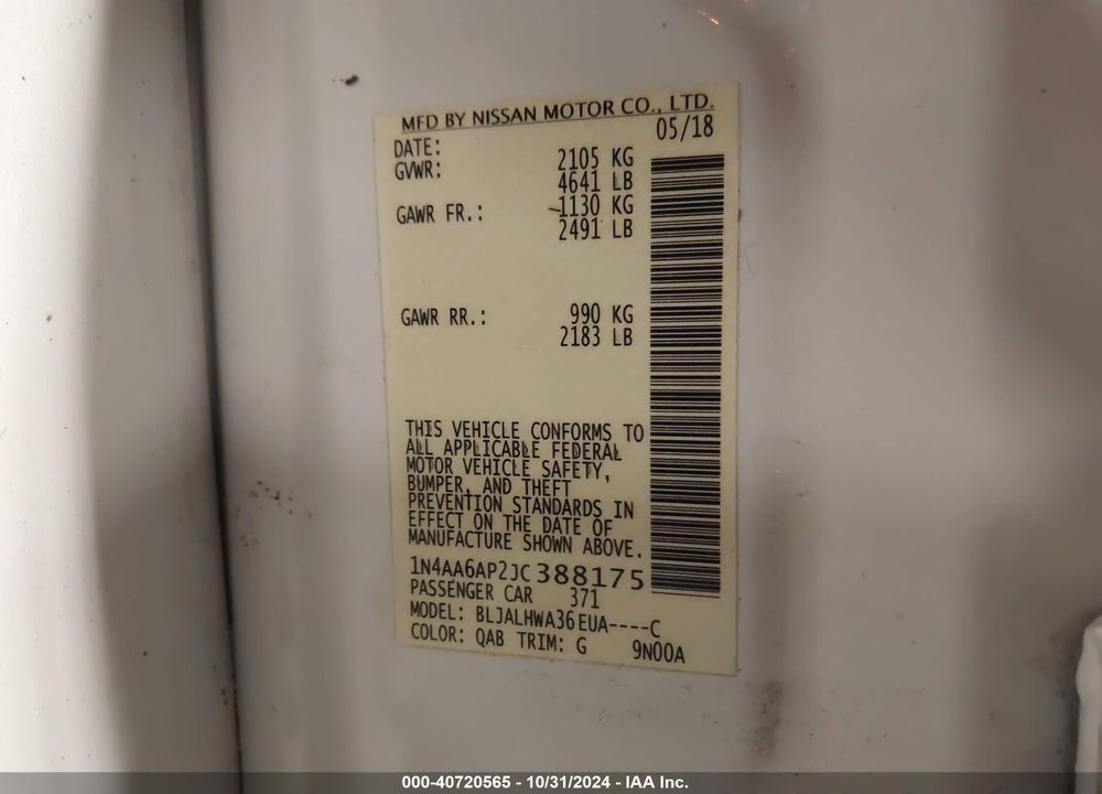 2018 NISSAN MAXIMA 3.5 PLATINUM VIN: 1N4AA6AP2JC388175
