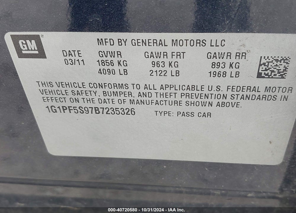 2011 CHEVROLET CRUZE 1LT VIN: 1G1PF5S97B7235326