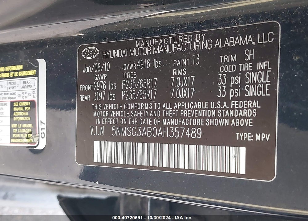 2010 HYUNDAI SANTA FE GLS VIN: 5NMSG3AB0AH357489