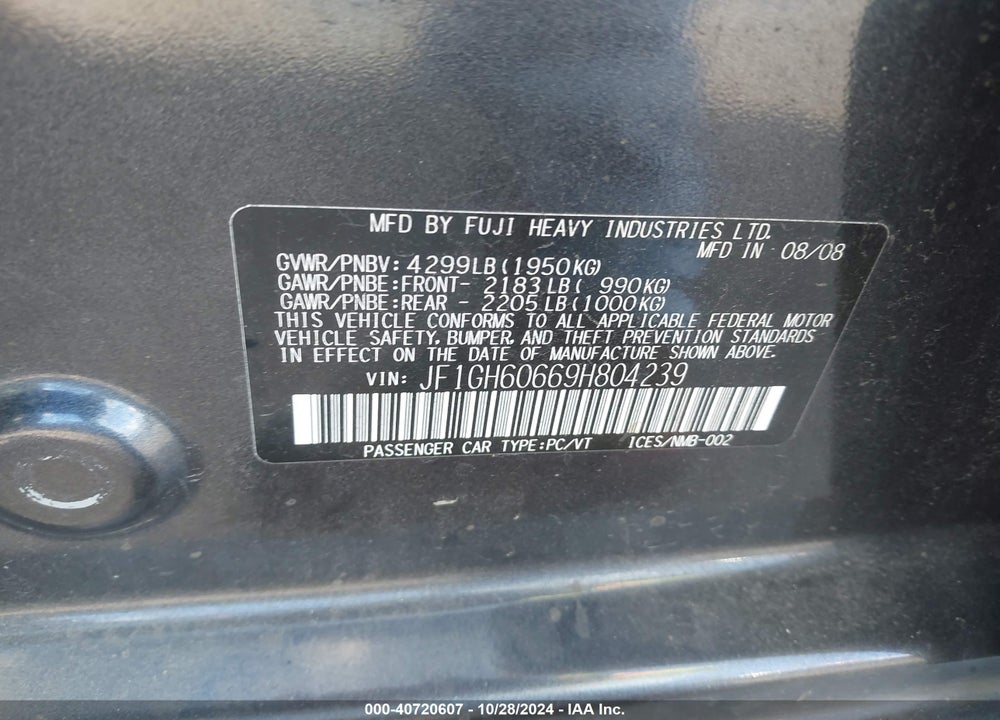 2009 SUBARU IMPREZA 2.5I VIN: JF1GH60669H804239
