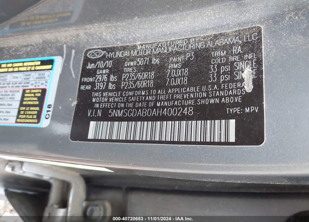 2010 HYUNDAI SANTA FE GLS VIN: 5NMSGDAB0AH400248