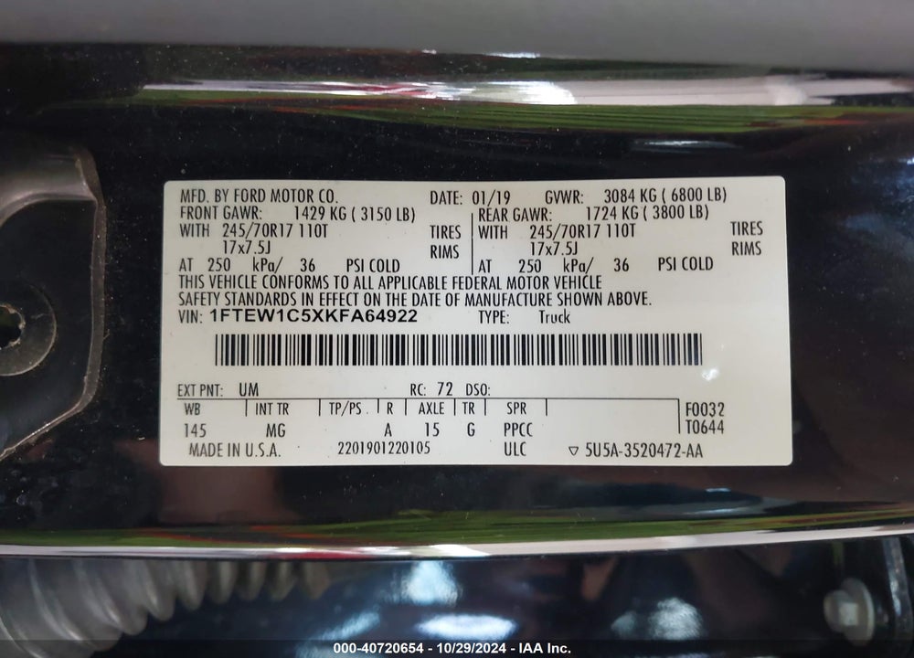 2019 FORD F150 VIN: 1FTEW1C5XKFA64922