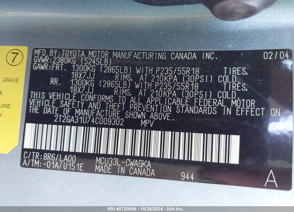 2004 LEXUS RX 330 BASE (A5) VIN: 2T2GA31U74C009302