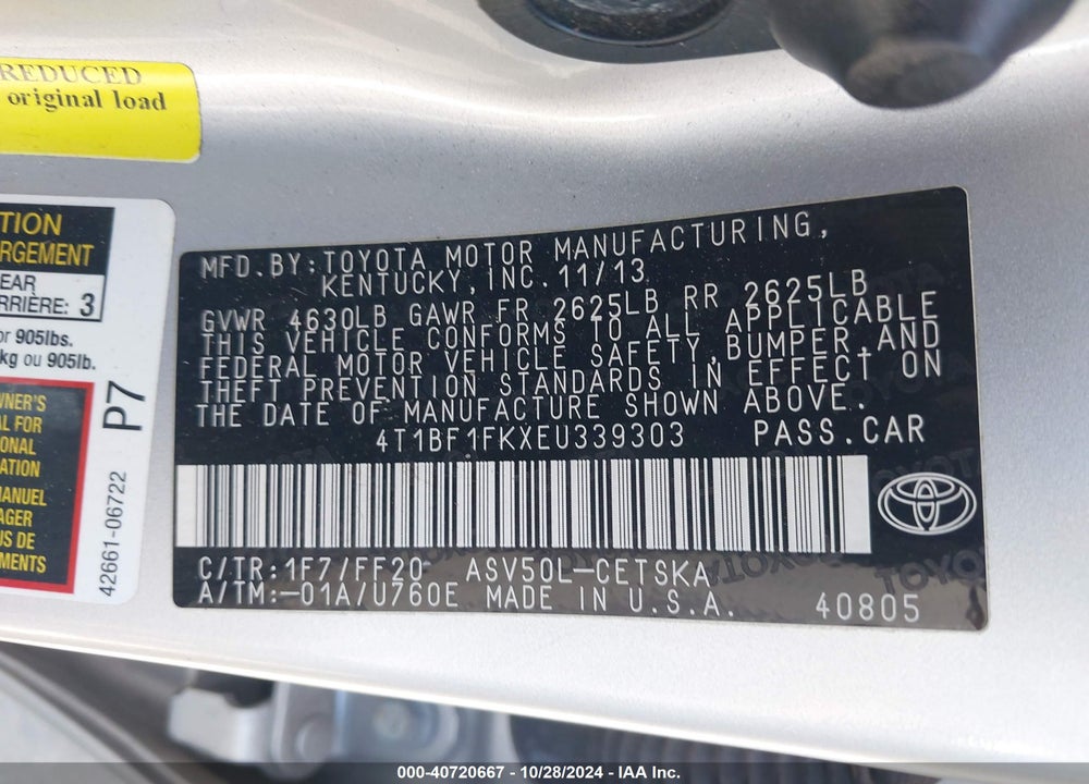 2014 TOYOTA CAMRY SE VIN: 4T1BF1FKXEU339303