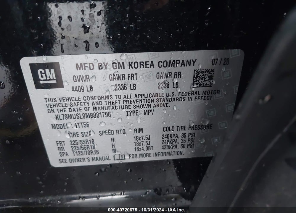 2021 CHEVROLET TRAILBLAZER VIN: KL79MUSL9MB031796