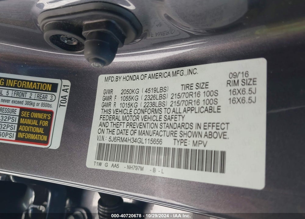 2016 HONDA CR-V LX VIN: 5J6RM4H34GL115656