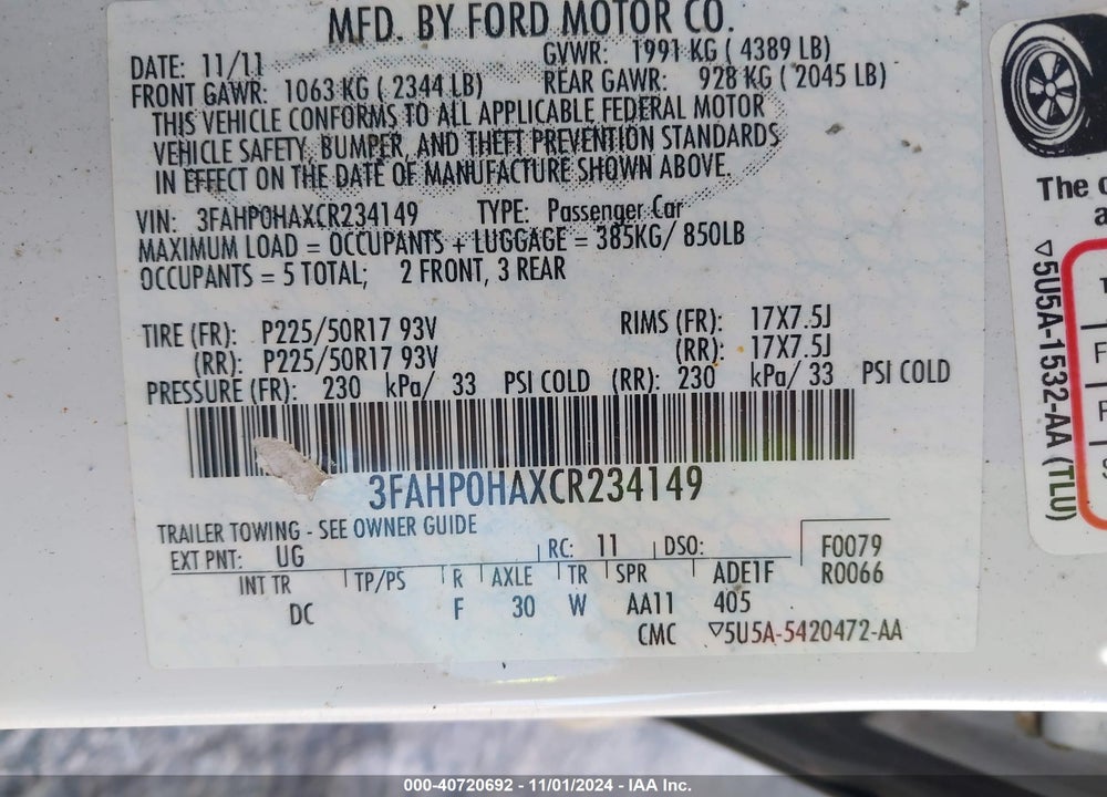 2012 FORD FUSION SE VIN: 3FAHP0HAXCR234149