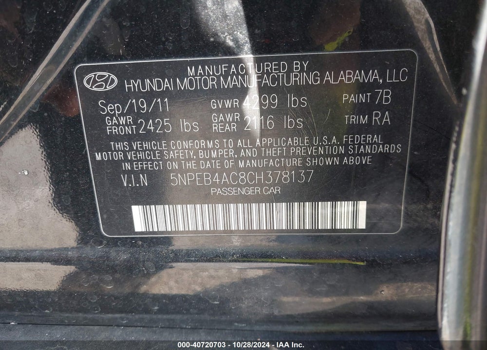 2012 HYUNDAI SONATA GLS VIN: 5NPEB4AC8CH378137