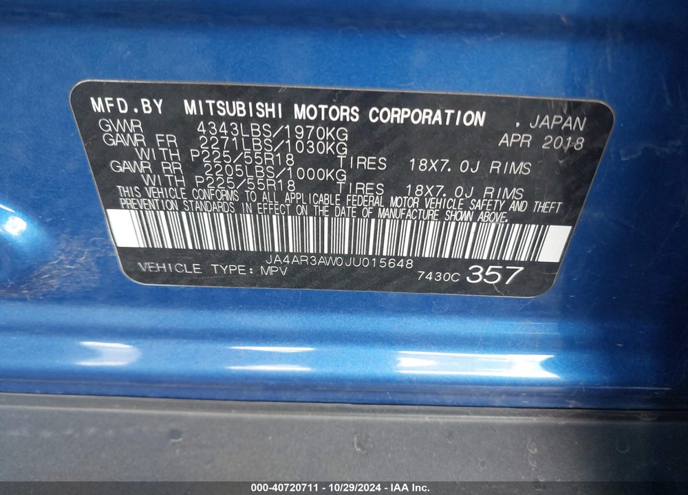 2018 MITSUBISHI OUTLANDER SPORT 2.4 SE VIN: JA4AR3AW0JU015648