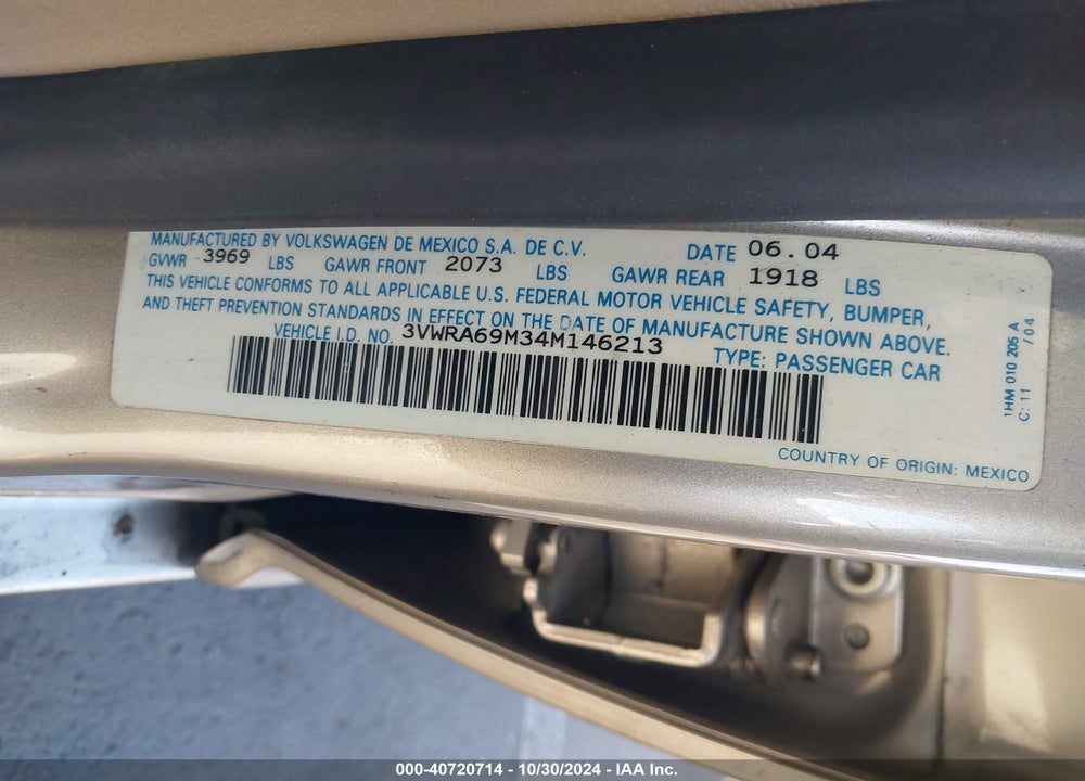 2004 VOLKSWAGEN JETTA GL VIN: 3VWRA69M34M146213