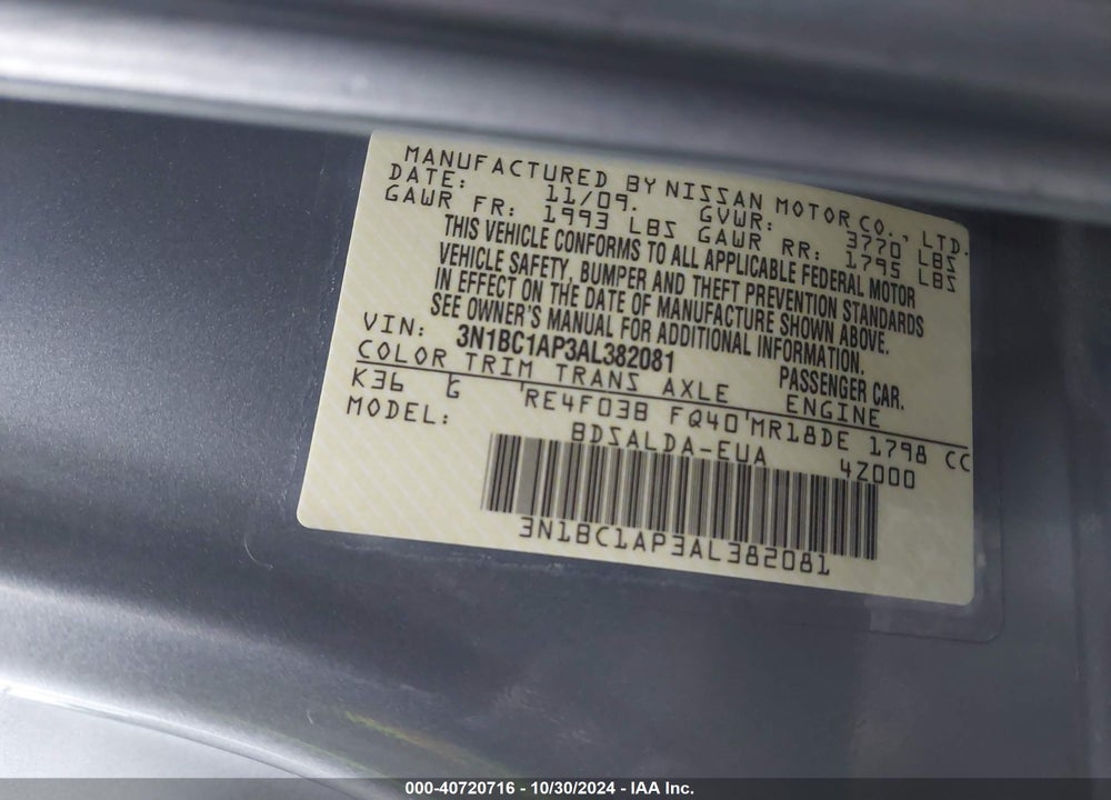 2010 NISSAN VERSA 1.8S VIN: 3N1BC1AP3AL382081