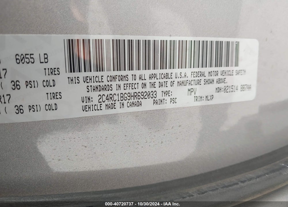 2017 CHRYSLER PACIFICA TOURING L VIN: 2C4RC1BG9HR692033