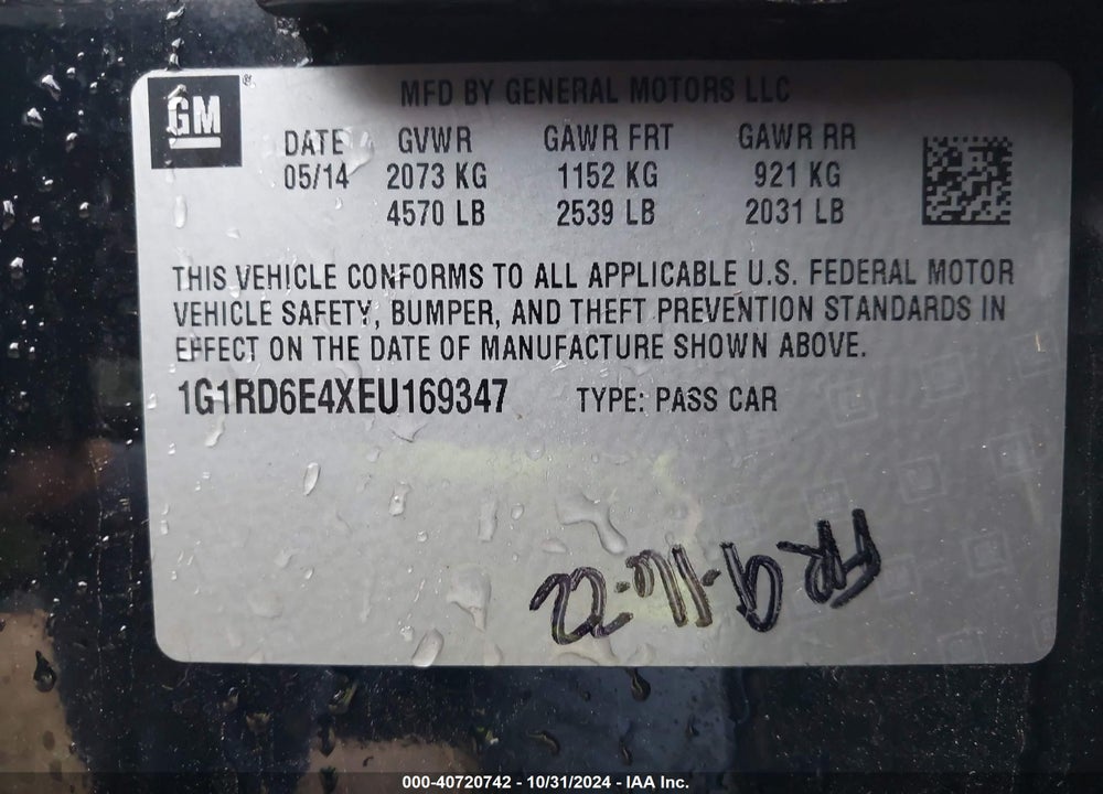 2014 CHEVROLET VOLT VIN: 1G1RD6E4XEU169347