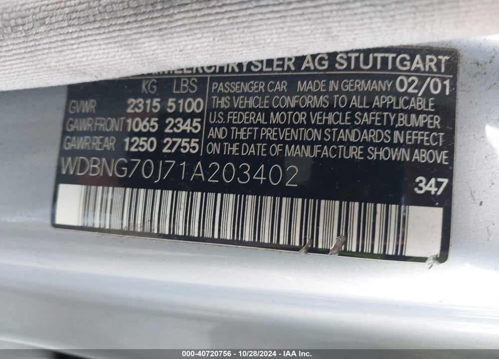 2001 MERCEDES-BENZ S 430 VIN: WDBNG70J71A203402
