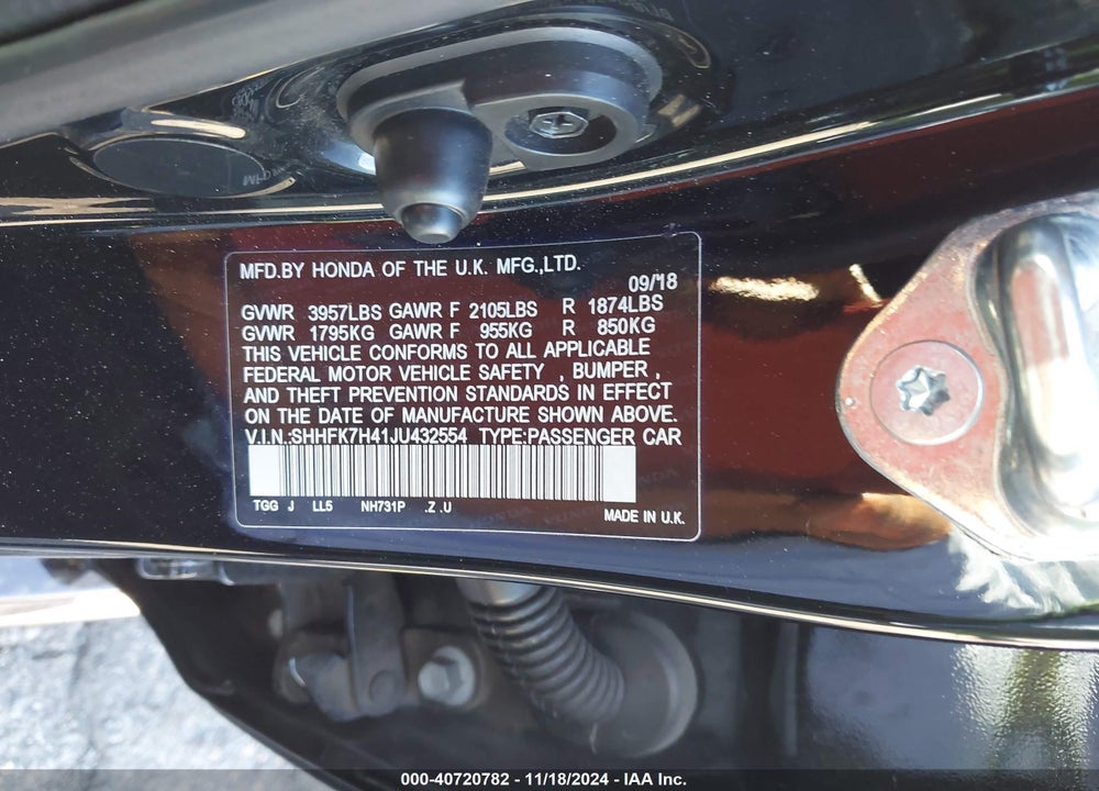 2018 HONDA CIVIC SPORT VIN: SHHFK7H41JU432554