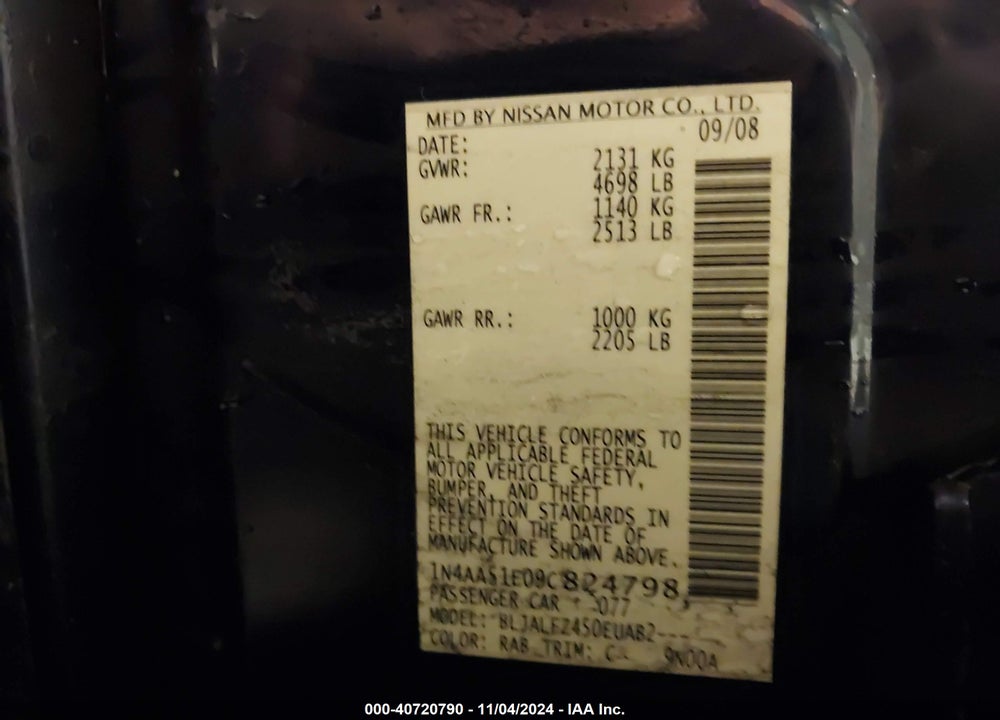 2009 NISSAN MAXIMA 3.5 SV VIN: 1N4AA51E09C824798