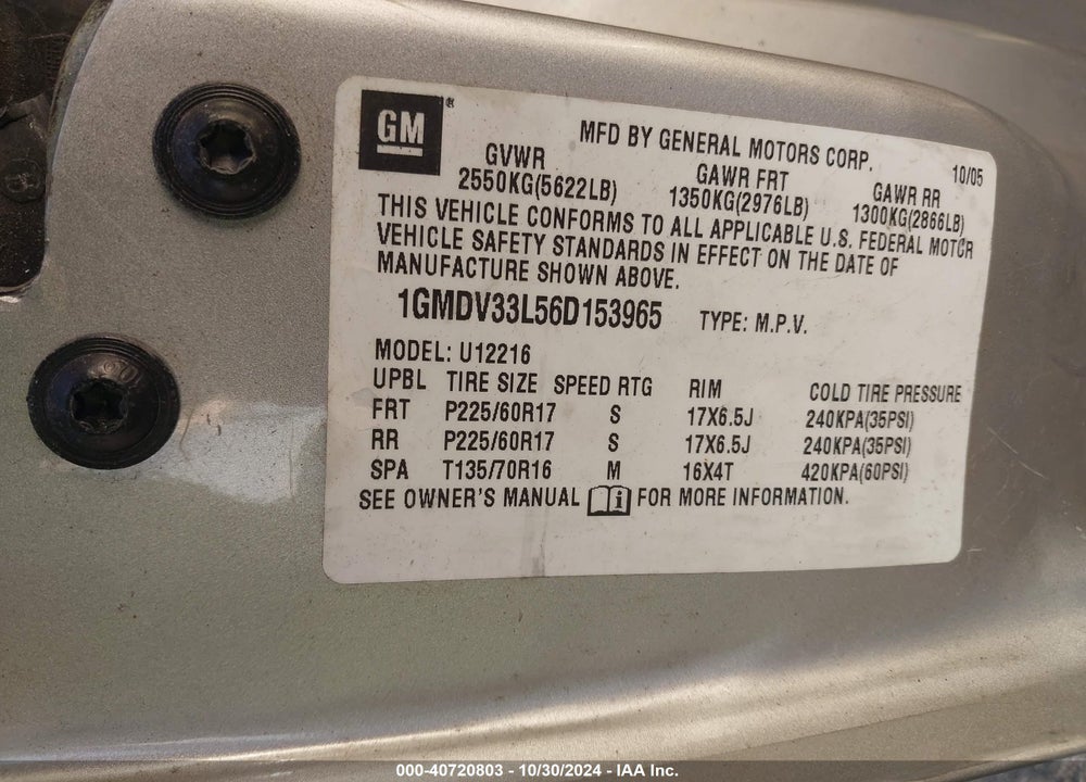 2006 PONTIAC MONTANA SV6 VIN: 1GMDV33L56D153965