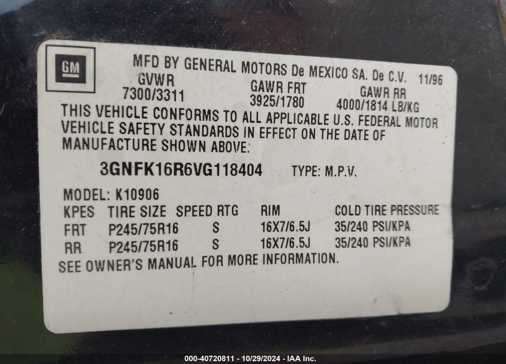 1997 CHEVROLET SUBURBAN 1500 VIN: 3GNFK16R6VG118404