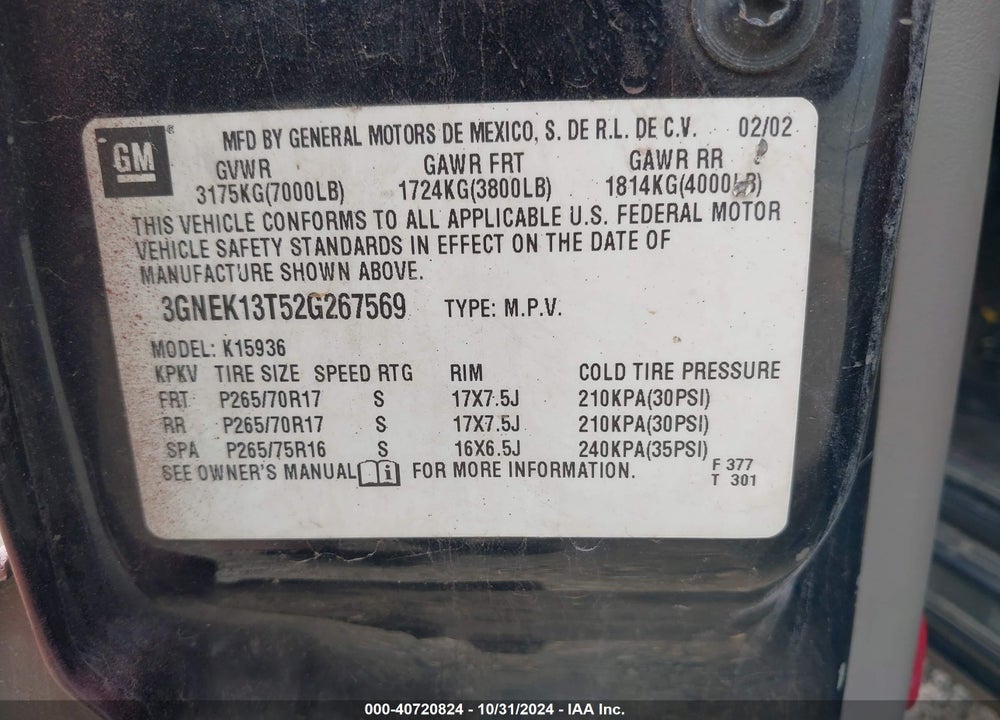 2002 CHEVROLET AVALANCHE 1500 VIN: 3GNEK13T52G267569