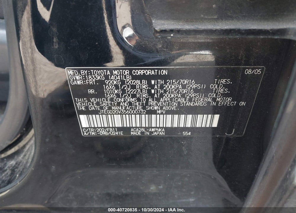 2005 TOYOTA RAV4 VIN: JTEGD20V356000732