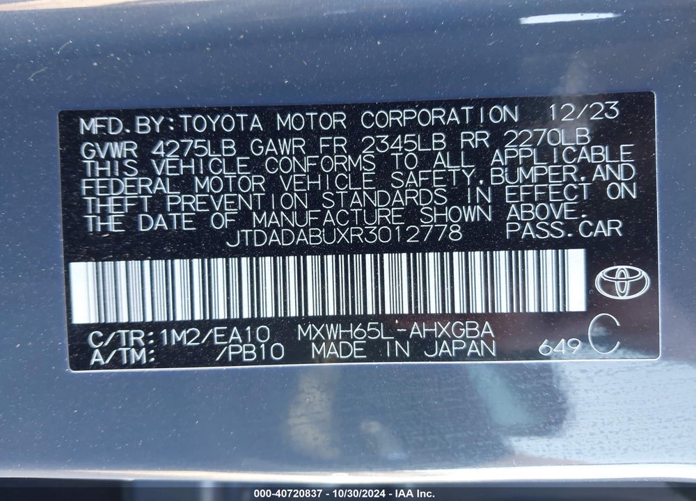 2024 TOYOTA PRIUS XLE AWD-E VIN: JTDADABUXR3012778