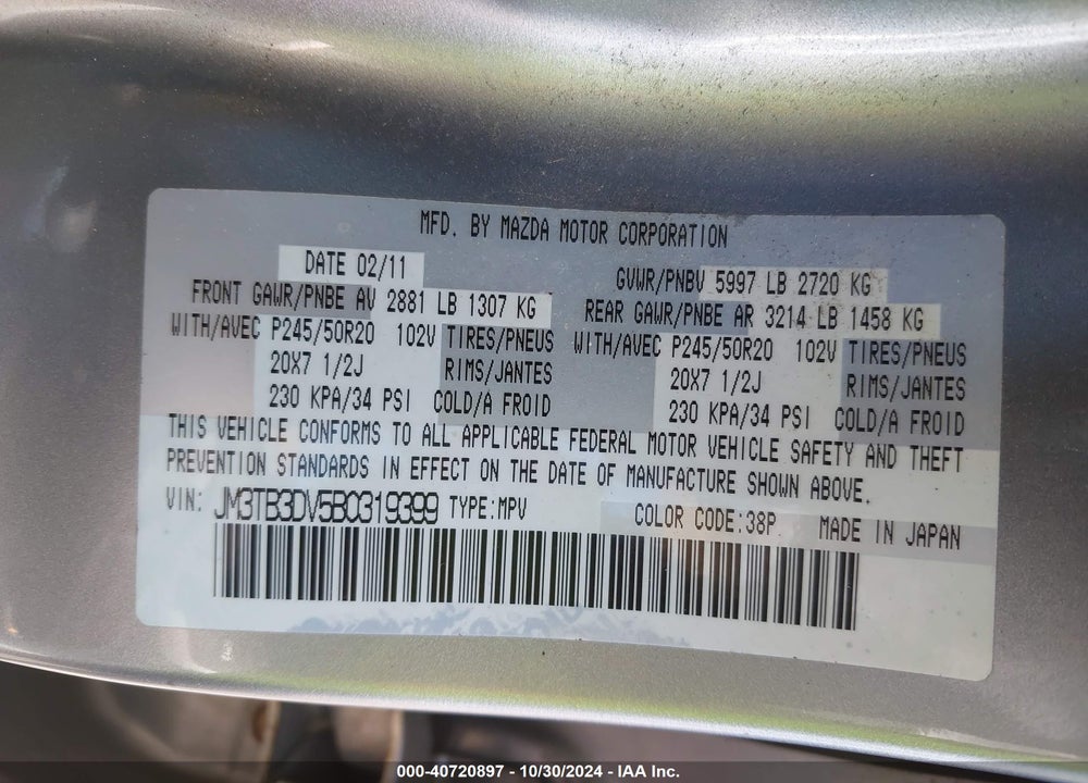 2011 MAZDA CX-9 GRAND TOURING VIN: JM3TB3DV5B0319399