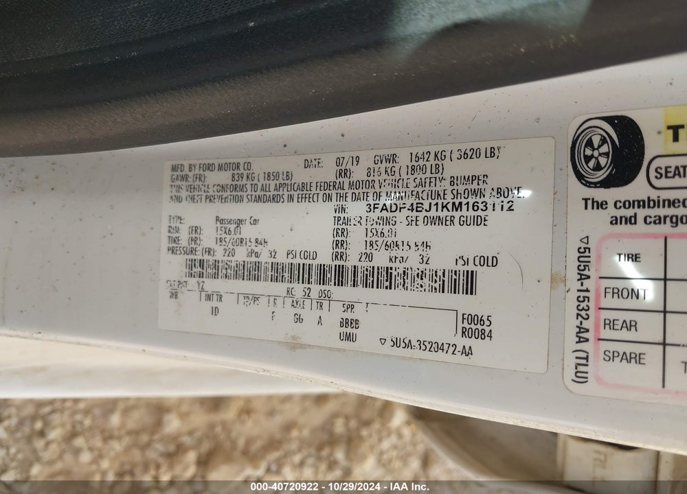 2019 FORD FIESTA SE VIN: 3FADP4BJ1KM163112