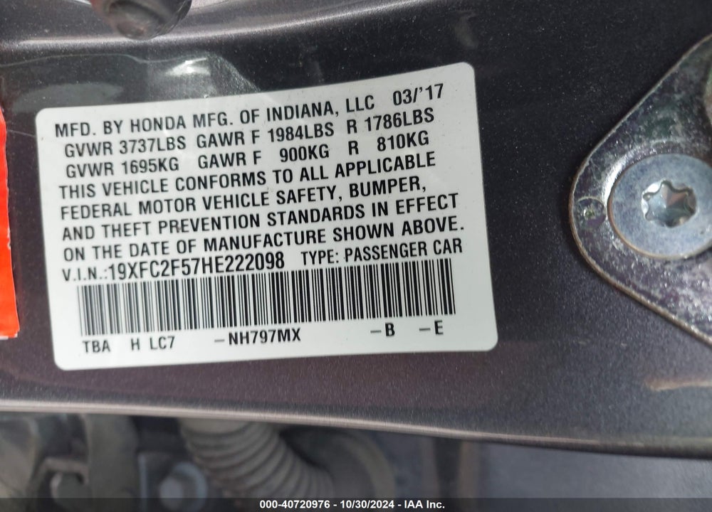 2017 HONDA CIVIC LX VIN: 19XFC2F57HE222098