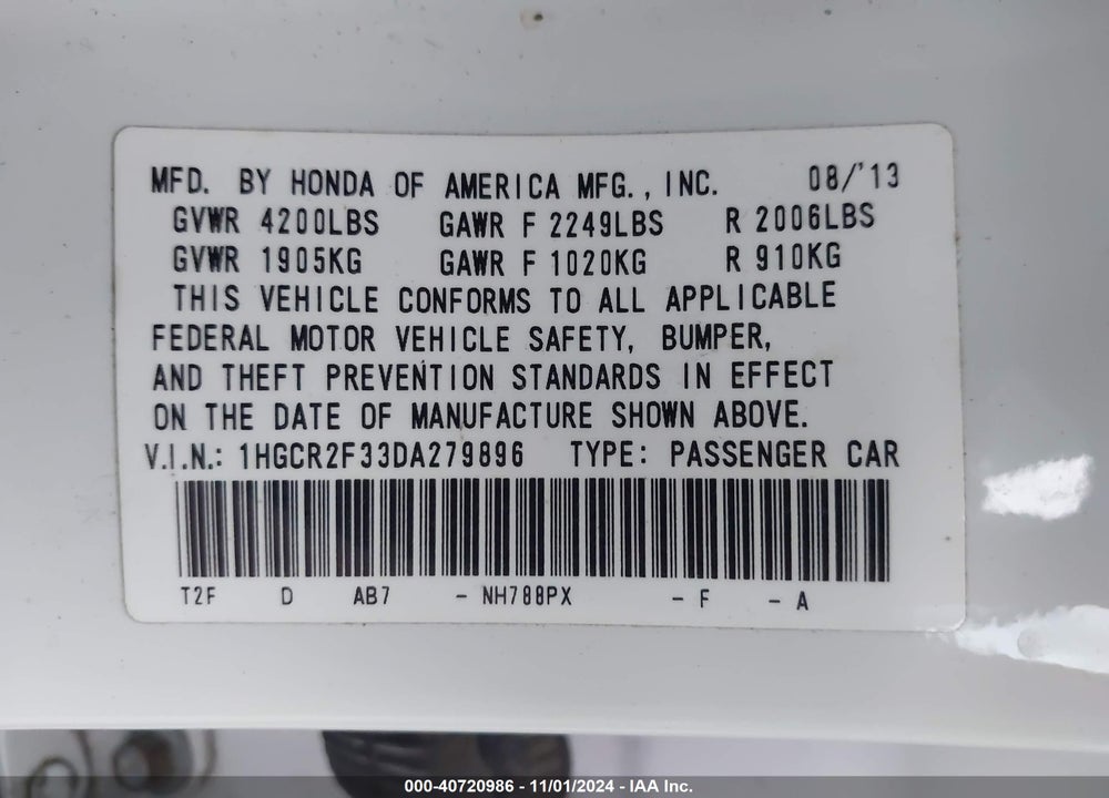 2013 HONDA ACCORD LX VIN: 1HGCR2F33DA279896