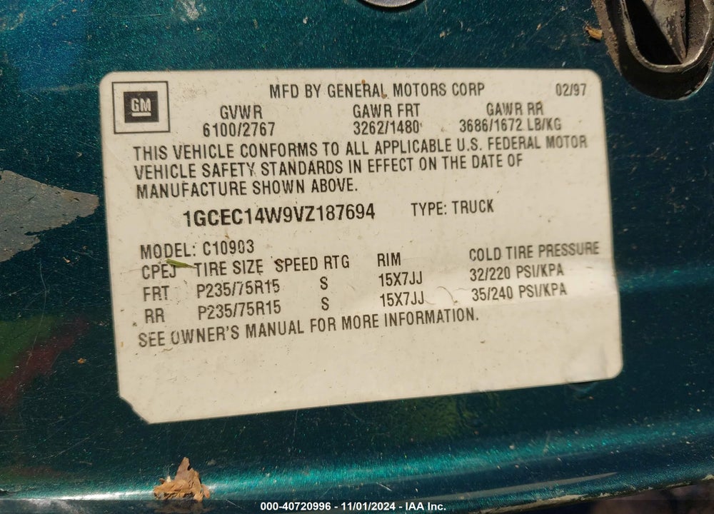 1997 CHEVROLET C1500 FLEETSIDE VIN: 1GCEC14W9VZ187694