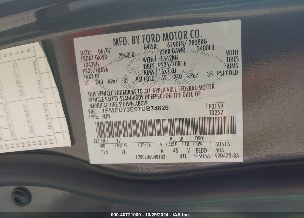 2007 FORD EXPLORER XLT VIN: 1FMEU73E67UB74826