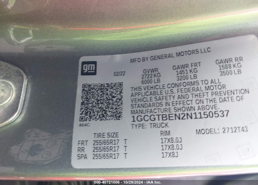 2022 CHEVROLET COLORADO 4WD LONG BOX WT VIN: 1GCGTBEN2N1150537