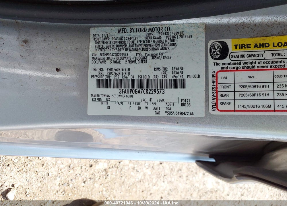 2012 FORD FUSION S VIN: 3FAHP0GA7CR229573